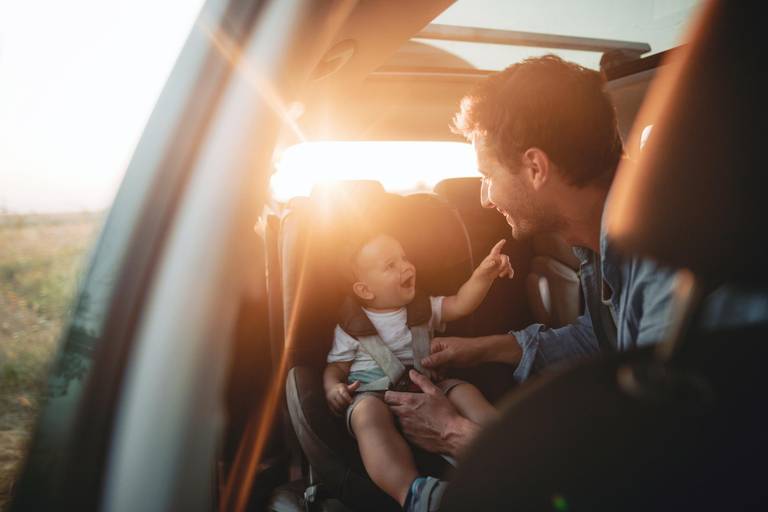 baby seat, baby and a man in a car, family, people, children